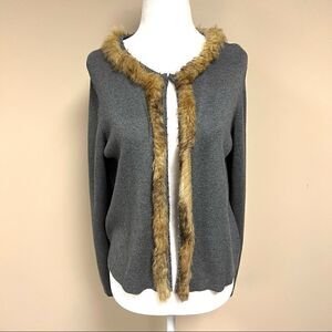 👠Chicos grey cardigan with faux fur/ beaded trim Sz 2 ( Med)